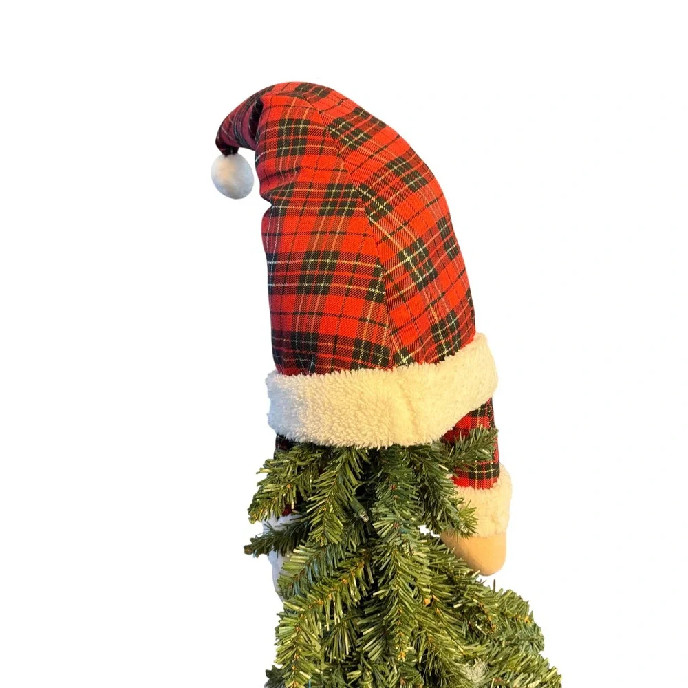 Christmas Gnome Figurine Red Black Plaid Hat with Evergreen Branch Holiday Decor